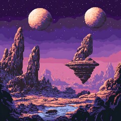 Celestial Dreamscape: In a surreal landscape, pixelated celestial bodies hover serenely, while majestic rock formations ascend towards a starry, violet-tinged sky. Evoking a sense of wonder.