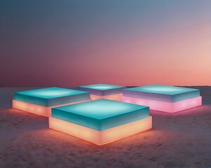 Illuminated Cubes on Sandy Beach at Dusk A Serene Scene with Glowing Geometric Forms Against a Colorful Sky Backdrop