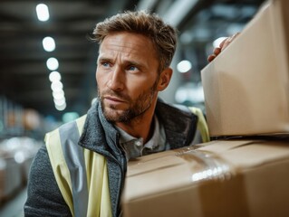 Warehouse Worker with Cardboard Box: A focused worker diligently navigates the bustling warehouse environment, carrying a stack of cardboard boxes, a testament to dedication and hard work.