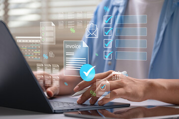 Digital invoice processing, billing management. man using laptop to managing payment, checklist...