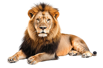 Fototapeta premium Majestic lion resting with a regal posture, showcasing its vibrant mane and piercing gaze, symbolizing strength and beauty in the animal kingdom