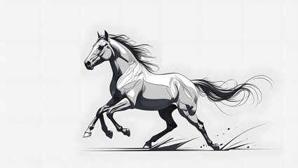 Majestic Running Horse: A monochrome artistic representation of a horse in full gallop, capturing the raw power and elegant grace of equine movement.