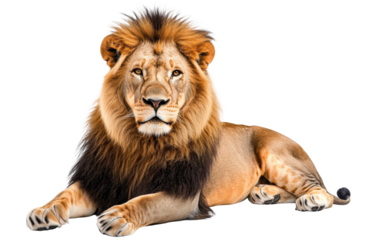 Majestic lion resting with a regal posture, showcasing its vibrant mane and piercing gaze, symbolizing strength and beauty in the animal kingdom
