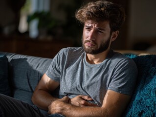Fototapeta premium Man in Discomfort: A man sits on the couch showing pain or a feeling of anguish or distress, clutching his stomach in obvious distress in a moment of raw emotion.