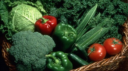 Fresh vegetables in a woven basket, a vibrant display of natural abundance and healthy living