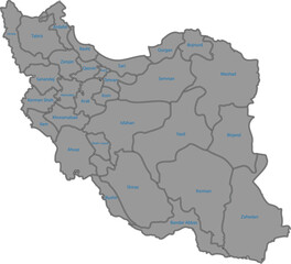 Obraz premium Labelled Map of Iran with Administrative Borders and Internal Regions in Grey Silhouette
