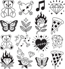 "Gothic Romance Vector Set – Y2K Emo Tattoo Flash Collection Featuring Love, Heartbreak, and Dark Aesthetic Symbols for Emotional Expression"

