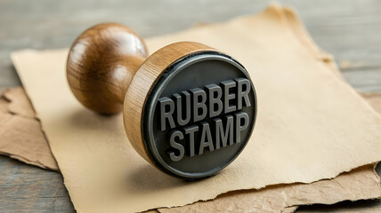 Close up of a wooden handled rubber stamp sitting atop layered craft paper on a grey wooden table top