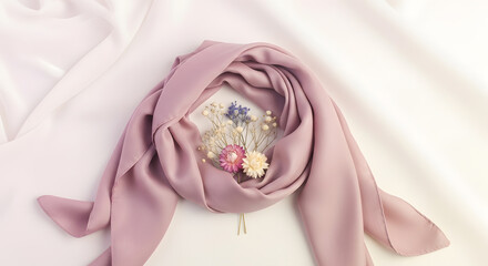 Elegant Pink Scarf with Delicate Flowers, Soft Lighting, Minimalist Composition.