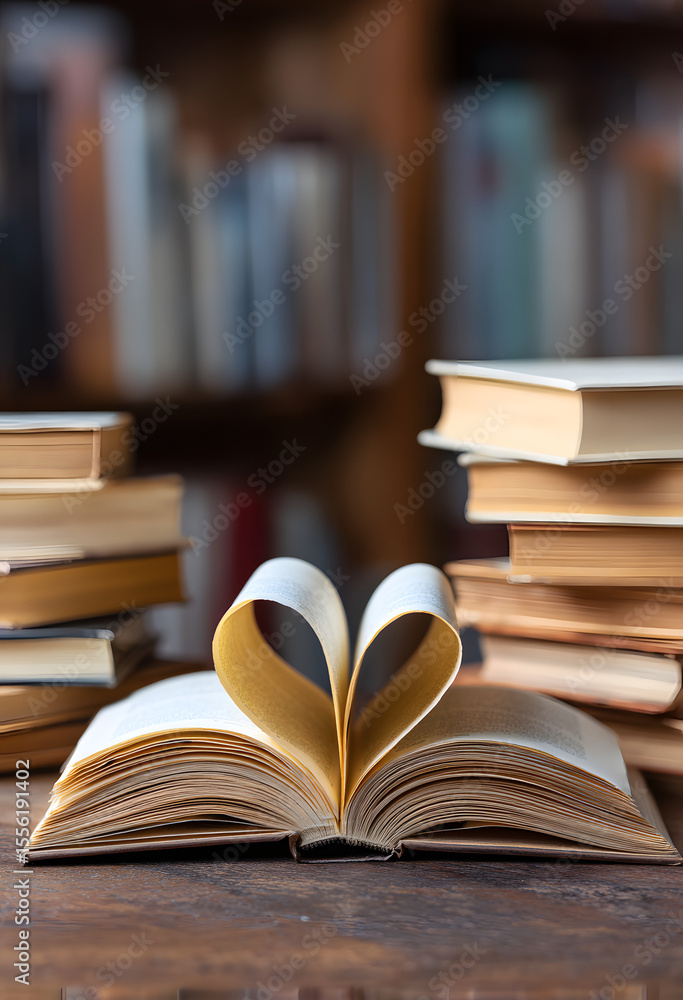 Poster book with opened pages in shape of heart and stacked books on reading desk in library. national libr