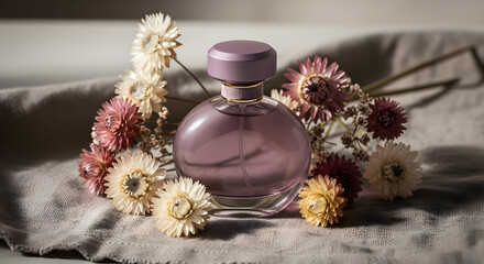 Elegant Purple Perfume Bottle Surrounded by Dried Flowers on Linen Fabric