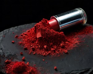 Red Lipstick and Powder on Dark Surface for Beauty and Cosmetics Product Photography with Dramatic Lighting and Texture Detail