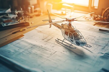 Stylized Helicopter Blueprint Detailed Design on Drafting Table in Workshop with Warm Light