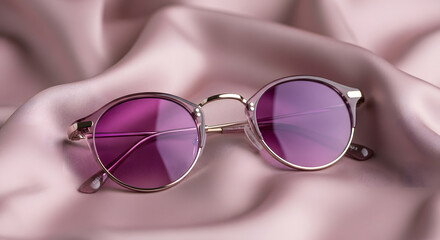 Elegant Round Sunglasses with Purple Lenses on Luxurious Pink Silk Fabric