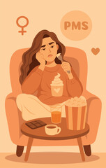 Vector illustration of a girl with PMS syndrome, sitting comfortably in a chair with desserts and snacks. Emotion of irritation, sadness, symbol of female cycle. Use for women's projects and health
