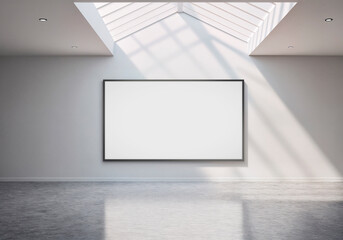 Blank horizontal frame mockup in modern gallery with skylight and shadows