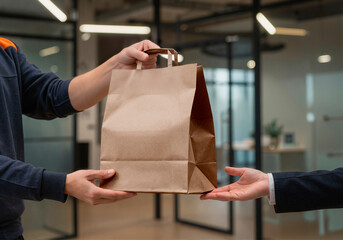 Delivery person hands a brown paper bag to a customer indoors