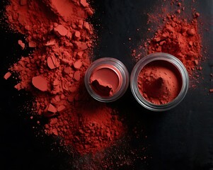 Crimson Pigment Displayed with Two Open Jars on a Dark Surface for Artistic and Cosmetic Applications
