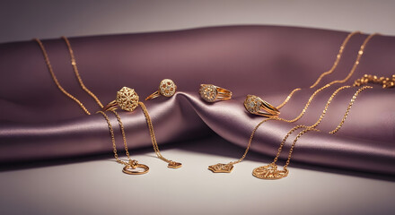 Exquisite Golden Jewelry Displayed on Luxurious Purple Silk Fabric