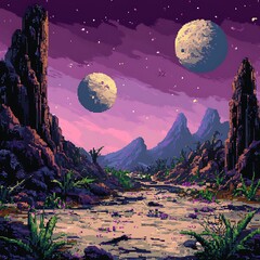 Alien pixel landscape: A retro-style alien landscape featuring towering rock formations, vibrant vegetation, and a mesmerizing starry sky with two distant planet in the background.