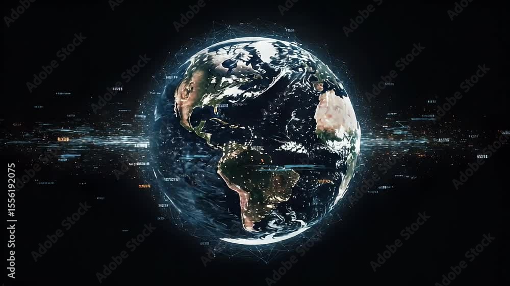 Aufkleber animated digital earth globe with pixelated data lines and glowing outlines against black background