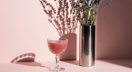 Lavender Shadows: Pink Drink, Silver Vase, and Floral Silhouette on Rose Background