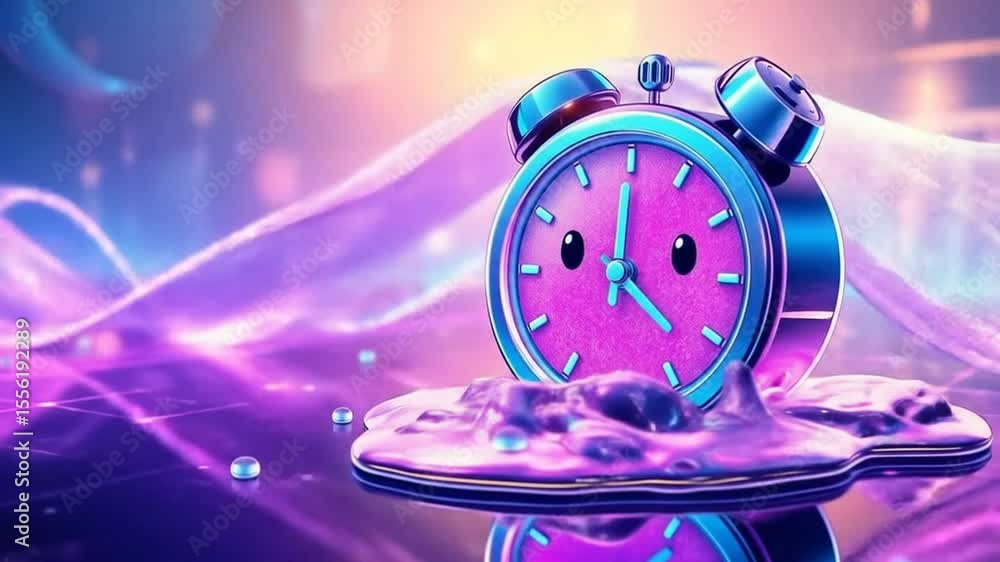 Poster surreal digital clock melts into a shining data stream. symbolizing fast modern life, rapid accelera