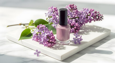 Lilac-Hued Nail Polish and Blossoms on Marble Surface, Soft Lighting.