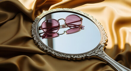 Ornate Mirror Reflecting Rose-Tinted Sunglasses on Golden Silk