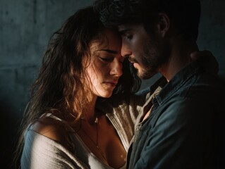 Serene Embrace: A tender moment is captured as a couple shares an intimate embrace, their faces close, eyes closed, and exuding a sense of deep connection and peaceful intimacy.