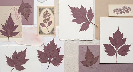 Pressed Leaves Collage: Botanical Art with Vintage Paper and Textured Backgrounds