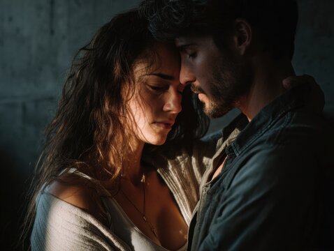 Serene Embrace: A tender moment is captured as a couple shares an intimate embrace, their faces close, eyes closed, and exuding a sense of deep connection and peaceful intimacy.