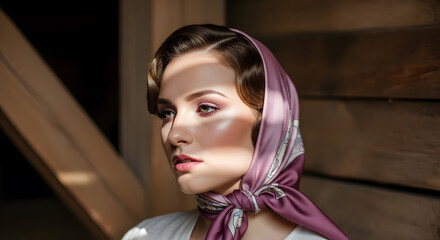 Retro Elegance:  Woman in Vintage Headscarf, Dramatic Light and Shadow