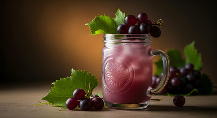 Refreshing Grape Juice in Rustic Mason Jar: Icy Drink with Grapes and Leaves, Dark Moody Background