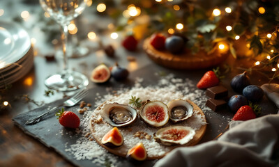 Oysters figs and strawberries on a plate