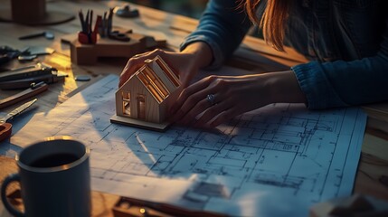 Woman Examining House Model Over Blueprints with Coffee, Tools, and Wooden Table Sunlight