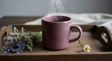 Steaming Lavender Tea in Pink Mug with Flowers, Cozy Still Life.