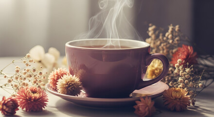 Steaming Tea Cup with Flowers: Cozy, Warm, and Serene Still Life