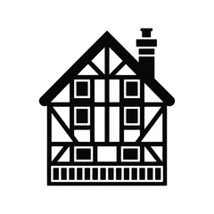 Black and white icon of a traditional tudor style house with a chimney