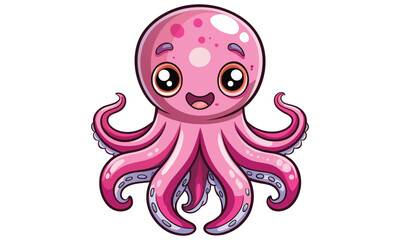 Cute cartoon pink octopus with big eyes and a happy smile waving its tentacles perfect for children s books and ocean themed designs