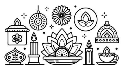 Vector art of a set of line art illustrations featuring candles, lotuses, and other decorative elements, isolated on white background