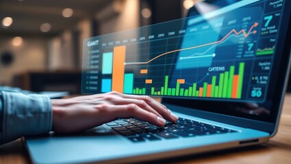 Person analyzing financial data on a laptop with a futuristic holographic chart overlay