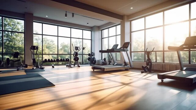Sunny gym with exercise equipment awaits determined individuals on polished wooden floor