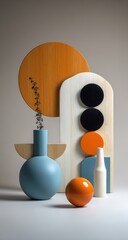 Geometric still life with pastel colors and wooden shapes