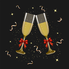 Illustration with glasses and decor.Vector illustration with champagne in glass goblets on black background with gold decor.