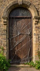 Old wooden door on a weathered stone building, intricately adorned with a large spiderweb. The atmosphere conveys timelessness, mystery, and nature's quiet impact over human-made structures.