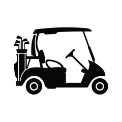 Black silhouette of a golf cart with a golf bag and clubs on a white background © motiur vector artist