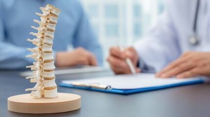 Medical Spine Model on Table with Doctor Writing in Clinic Setting for Educational and Diagnostic Purposes