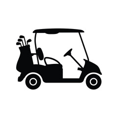 Black silhouette of a golf cart with a golf bag and clubs on a white background © motiur vector artist