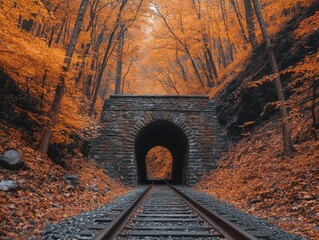 Autumnal tunnel. Railroad tracks lead into a stone archway tunnel, framed by vibrant orange-red fall foliage